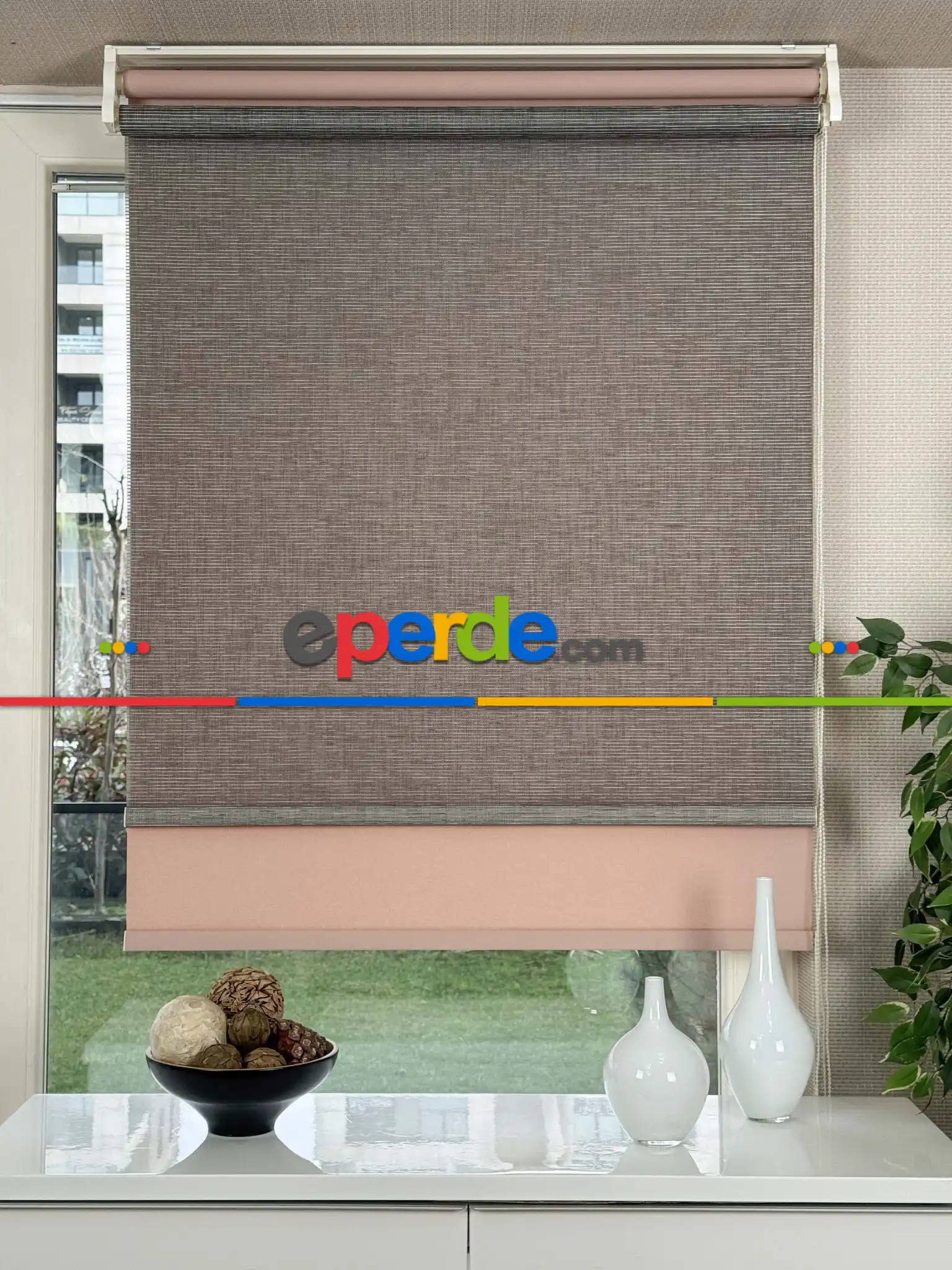 Yavruağzı Kahverengi Çiftli Sistem Tül Stor Perde, Standart Metal Kasalı Yüksek Kalite Kornişe Kolay Montaj Seçenekli