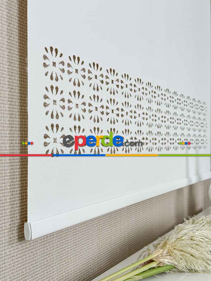 Salon Ekru Lazer Kesimli Stor Perde ( Lazer Kesim Fiyata Dahildir) Metal Kasalı - Yüksek Kalite - Kornişe Kolay Montaj Seçenekli