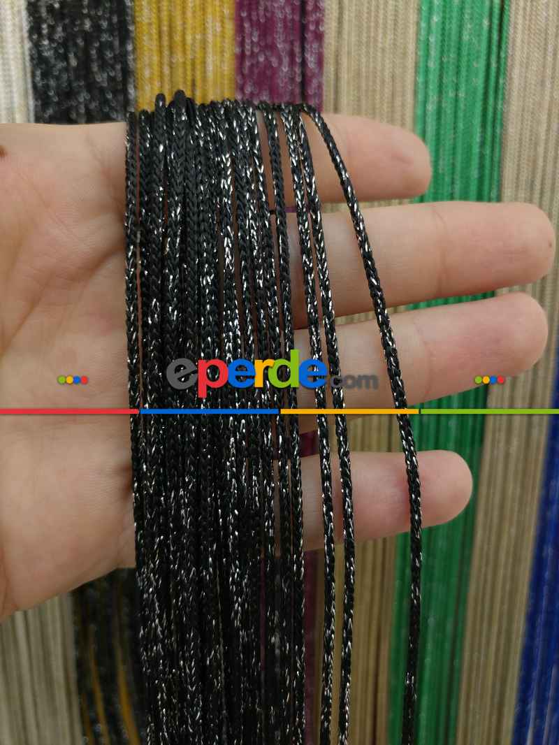 Siyah Rengi İp Perde Kalın Zincir Simli Serisi- Siyah-gümüş