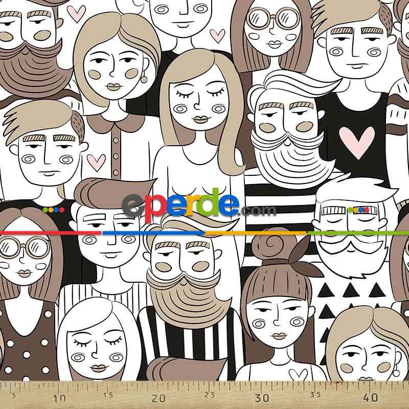 Pop-art Desenli Fon Perde Evm449 -p - Kumaşı Kalındır Duck Bezi Değildir.- Beyaz-Kahve-Çok Renkli