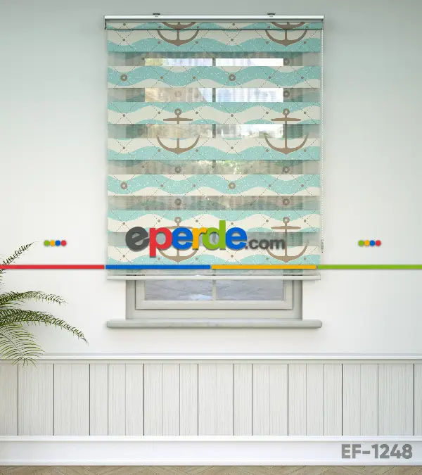 Çocuk Odası Zebra Perde - Çapa Baskılı Zebra Perde- Beyaz-Krem-Turkuaz-Kahve