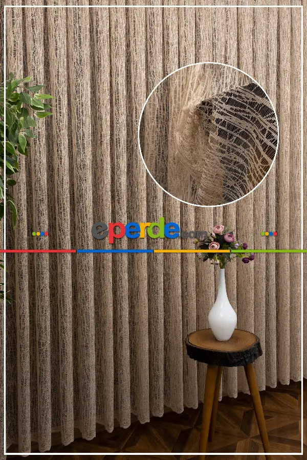 Vizon Renk Bej Açık Kahve Rengi Cam Kırığı Tül Perde