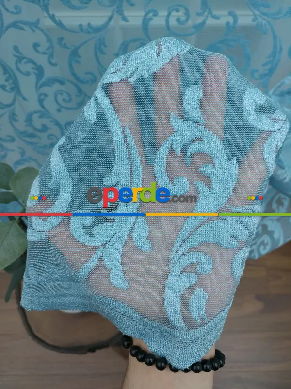 Tül Perde Ve Kruvaze Perde Şal Desenli ( Kdk Tül - Daha Kalın)- Mavi