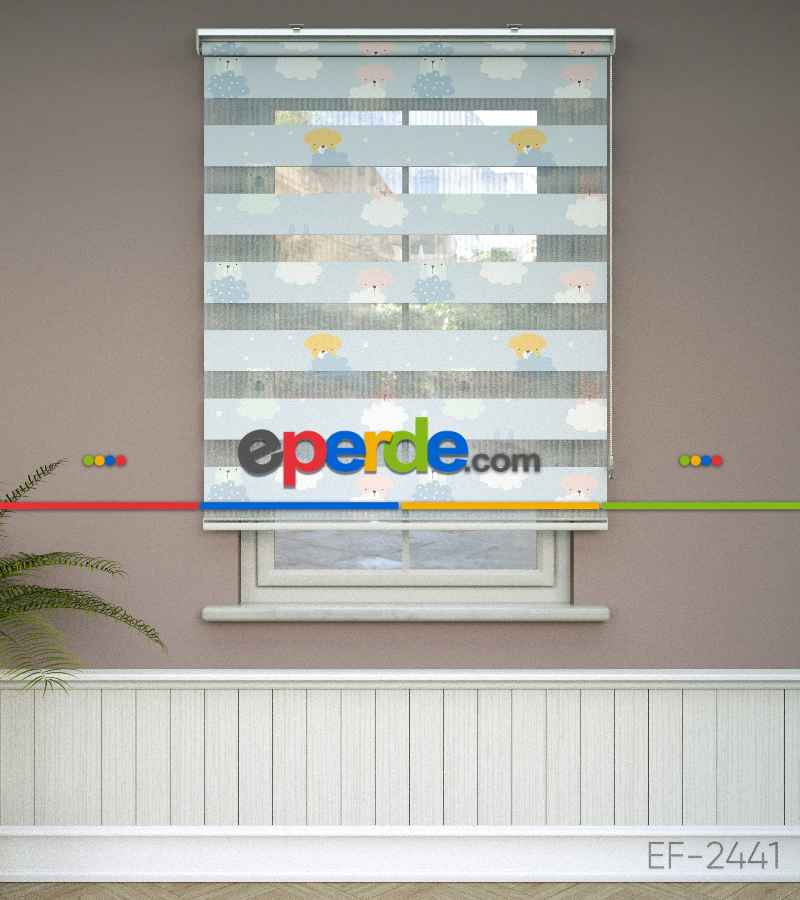 Bulut Desenli Baskılı Zebra Perde- Çok Renkli