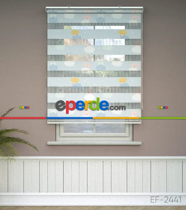 Bulut Desenli Baskılı Zebra Perde- Çok Renkli