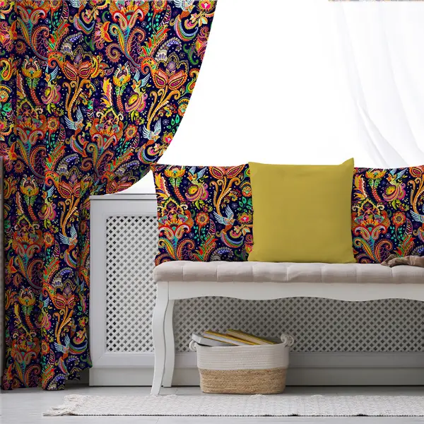 Etnik Renkli Desenli Fon Perde Evim452 Kumaşı Kalındır Duck Bezi Değildir- Mavi-beyaz