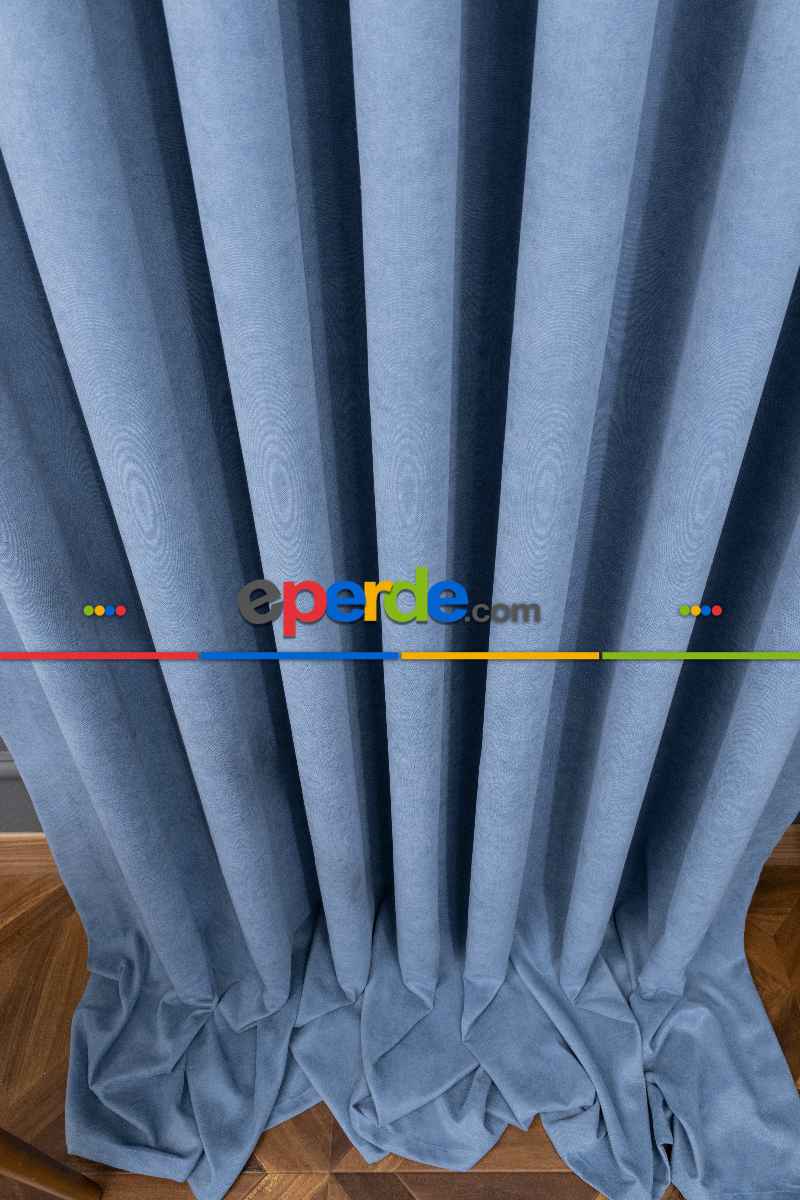 Bebek Odası - Mavi Rengi Düz Fon Perde Dökümlü Fon Perde