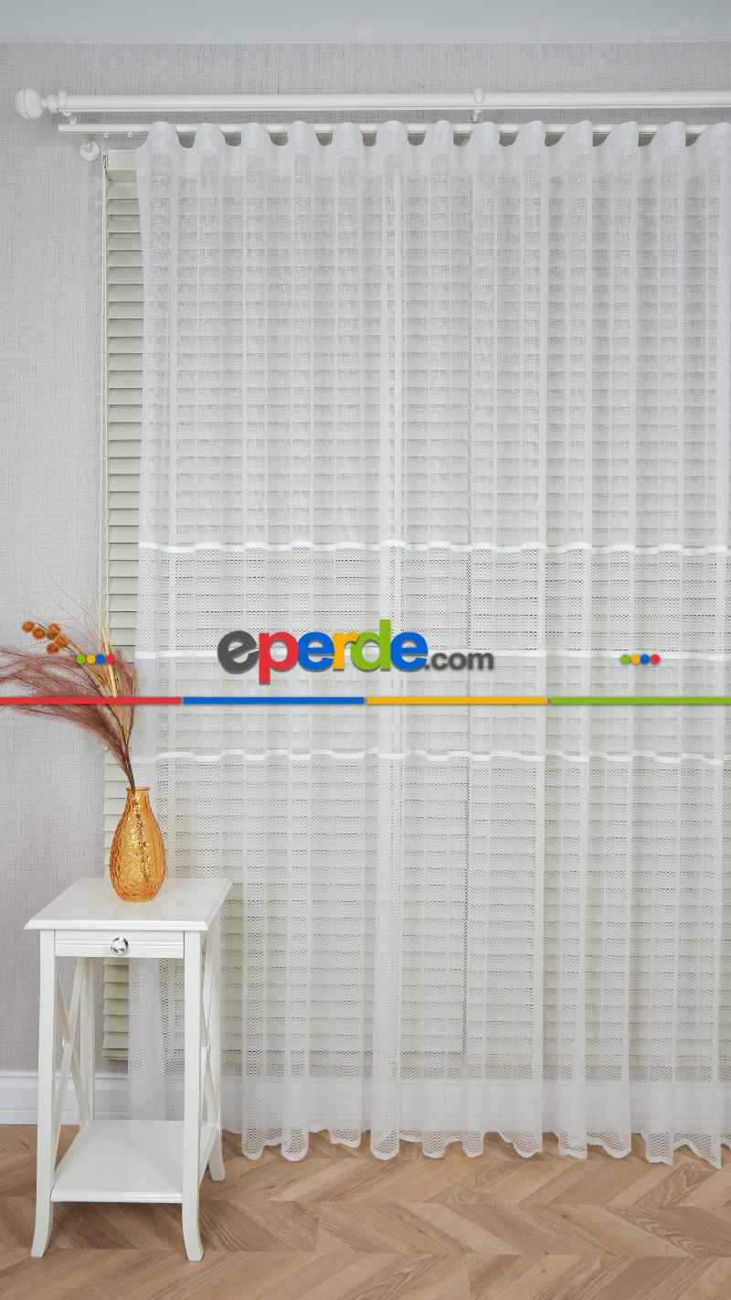 Ekru Çizgili Bantlı Keten Şantuk Tül Perde, Ağır Gramajlı Premium Seri