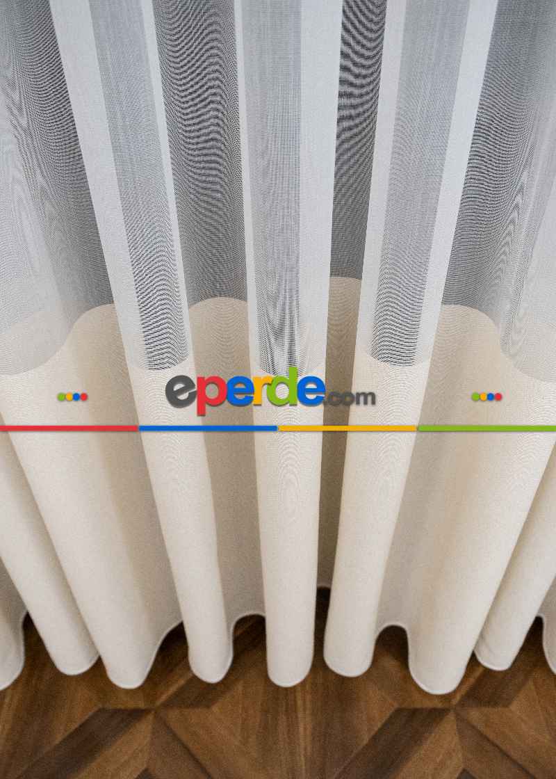 Mutfak Tül - Modern Bantlı Krem Tül - Yüksek Kalite Tül - Enine Çizgili