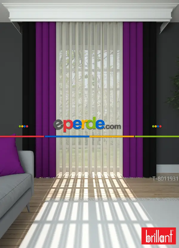 Yatak Odası - Brillant Akıllı Tül Siyah-mor Perde Tül Dikey Zebra Perde Düz 1. Kalite