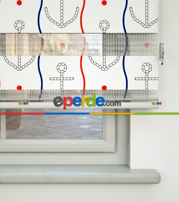 Bebek Odası Zebra Perde - Çapa Desen Baskılı Zebra Perde- Lacivert-Kırmızı