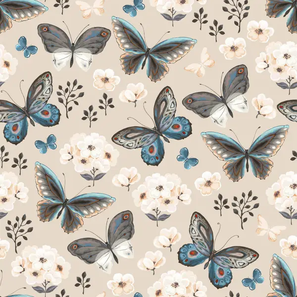 Kelebek Ve Çiçek Desenli Fon Perde Evm1067 Kumaşı Kalındır Duck Bezi Değildir- Siyah-Beyaz-Mavi Doymamış