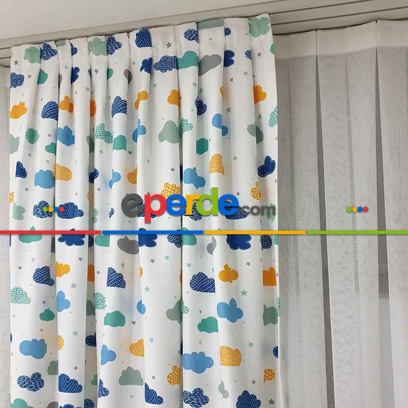 Renkli Bulut Desenli Fon Perde Evm809 Kumaşı Kalındır Duck Bezi Değildir- Beyaz-Mavi Açık