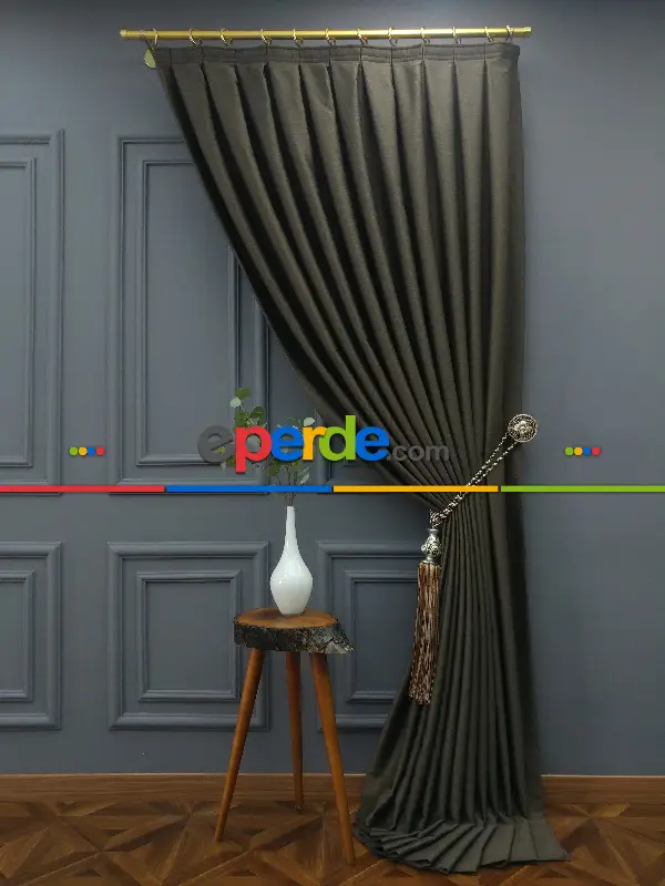 Yatak Odası - Modern Keten Görünümlü Işık Geçirmez Karatma Fon Perde 2021 Ikon- Kahve Venge-acı Kahve