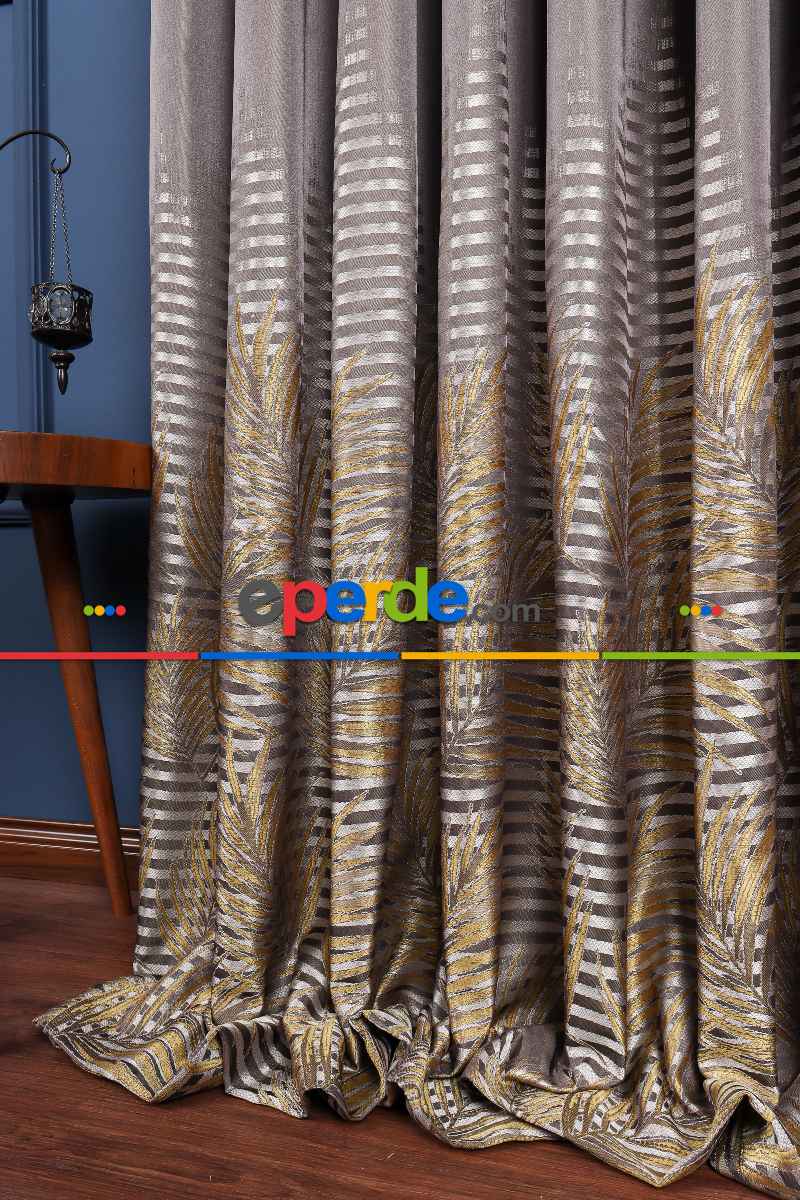 Salon - Hawai Füme-gri-gold Pano Fon Perde
