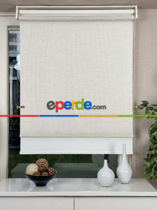 Ekru Krem Çiftli Sistem Tül Stor Perde, Standart Metal Kasalı Yüksek Kalite Kornişe Kolay Montaj Seçenekli