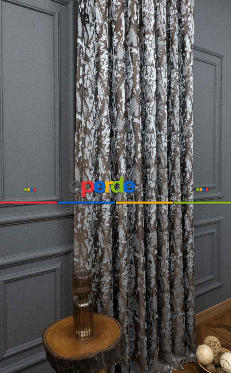 Jakar Dokuma Fon Perde Zemin Kahve (desen Açık Mavi) Renk