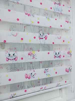 Bebek Odası Zebra Perde - Kedili Zebra Perde- Mavi