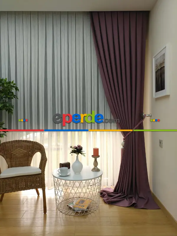 Yatak Odası - Keten Mürdüm Renk Düz Fon Perde - Mürdüm