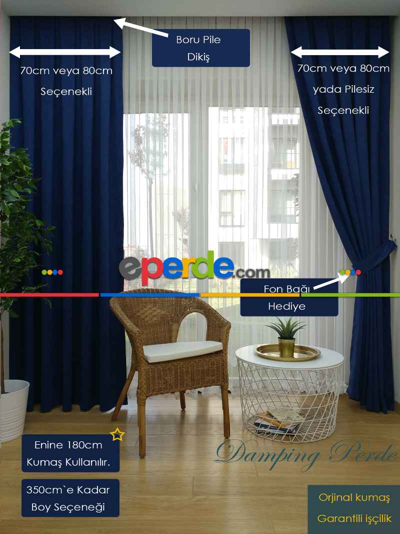 Oturma Odası Lacivert Düz Fon Perde - Lacivert