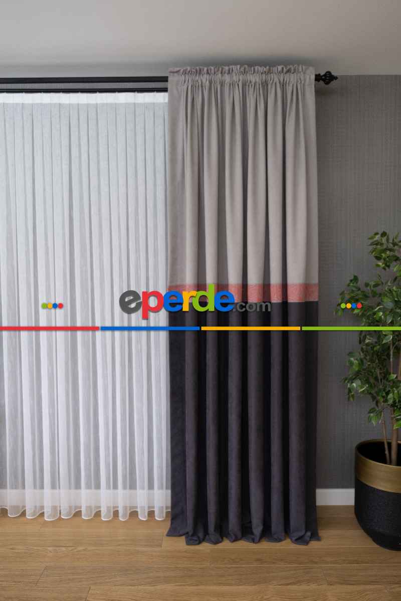 Gri Ve Antasit Kombinli Kırmızı Bordürlü Fon Perde - Ürün Videosu Vardır Açıklama Kısmında.