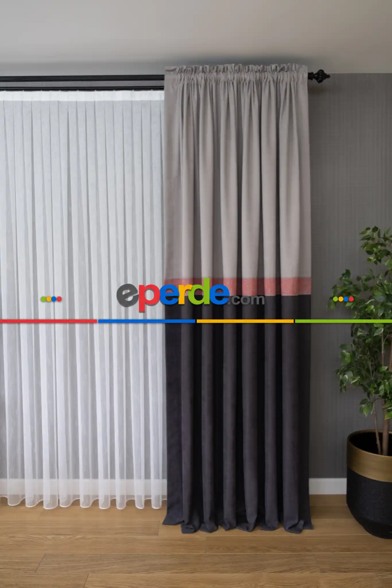 Salon Fon Perde - Gri Ve Antasit Kombinli Kırmızı Bordürlü Fon Perde - Ürün Videosu Vardır Açıklama Kısmında.