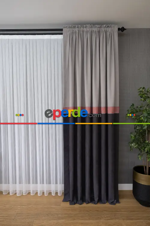 Gri Ve Antasit Kombinli Kırmızı Bordürlü Fon Perde - Ürün Videosu Vardır Açıklama Kısmında.