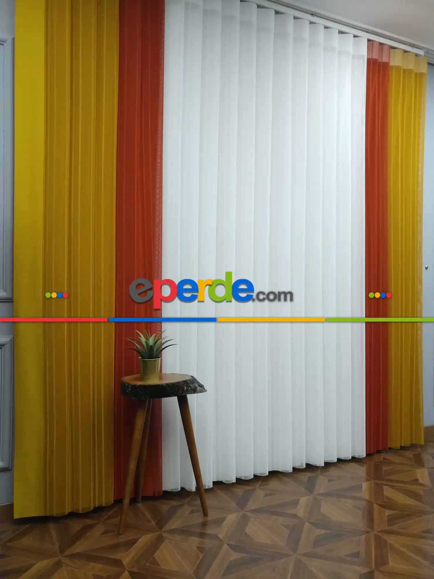 Lens Akıllı Dikey Tül Perde 115- Beyaz-kiremit Rengi-hardal