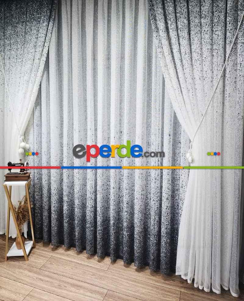 Mutfak - Üsten Dikim Renkli Gri-füme Püskürtme Tül Fon Perde