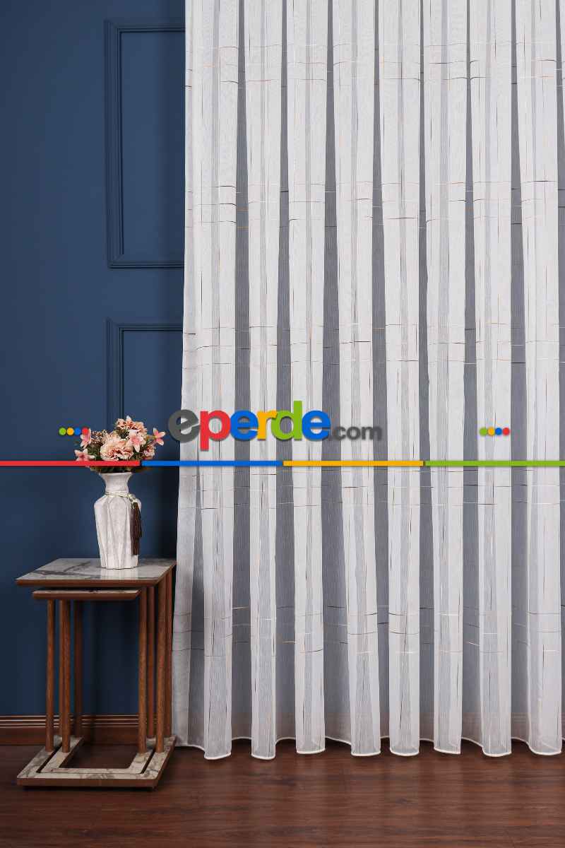 Salon Tül - Bambu Zemin Geometri Nakış İşlemeli Tül Perde