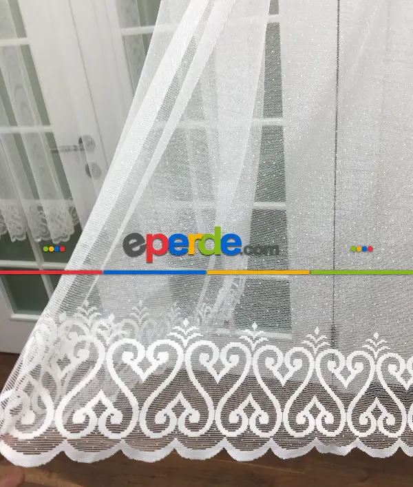 Etek Ucu Desenli Dantel Tül Perde- Ekru