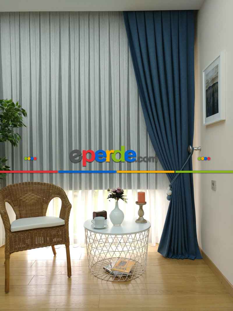 Salon Fon Perde - Keten Mavi Renk Düz Fon Perde - Mavi