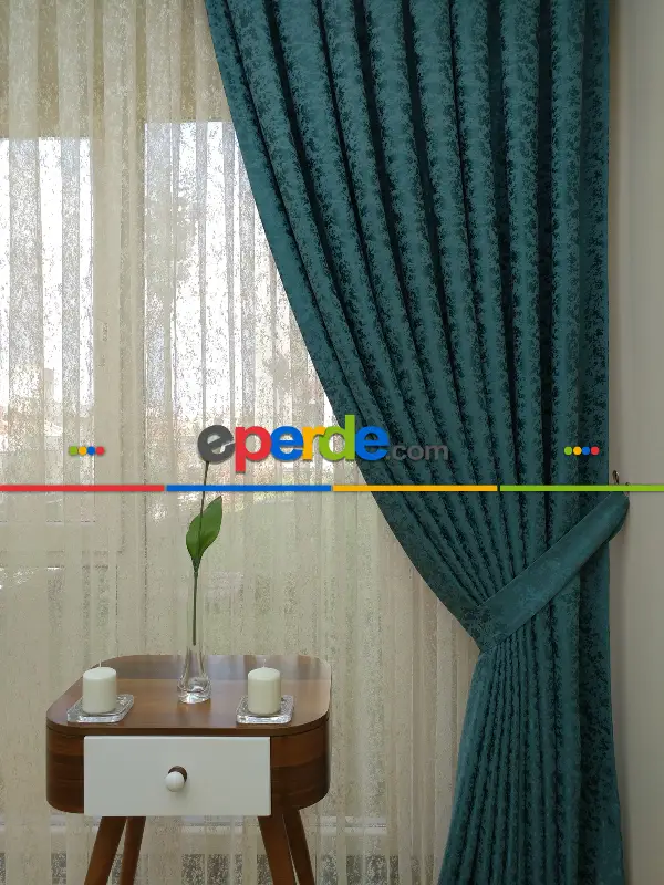 Yatak Odası - Petrol Rengi Jakar Fon Perde -