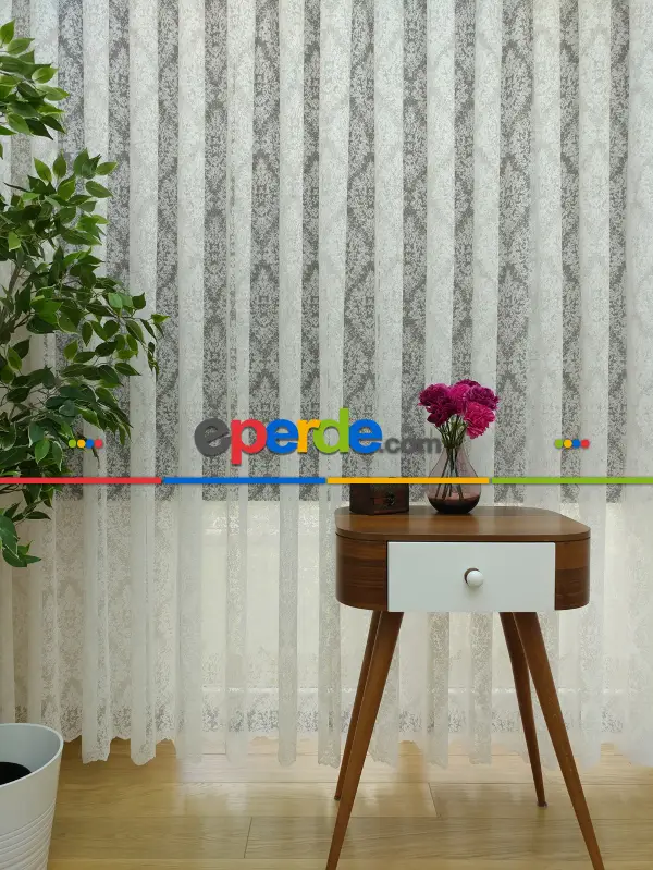 Kdk Örme Dantel Damask Desenli Tül Perde - Krem - Ekru