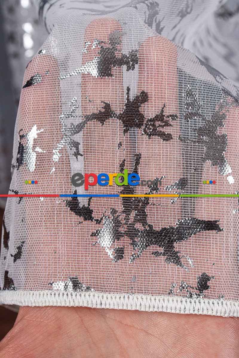 Salon Tül - Cam Kırığı Dijital Baskılı Tül Perde Ekru-gümüş