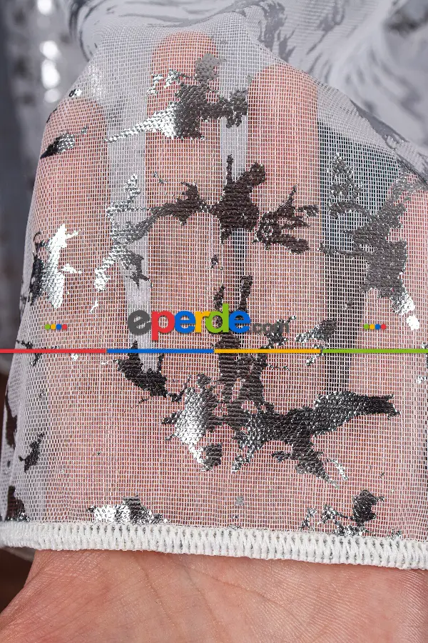 Salon Tül - Cam Kırığı Dijital Baskılı Tül Perde Ekru-gümüş