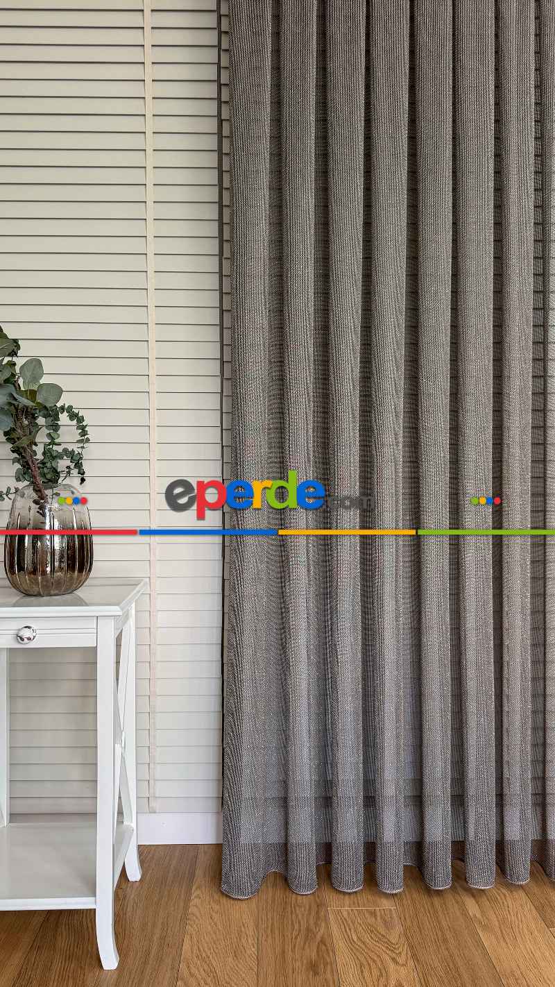 Kahverengi Keten Gümüş Simli Tül Perde - Ağır Gramajlı Premium