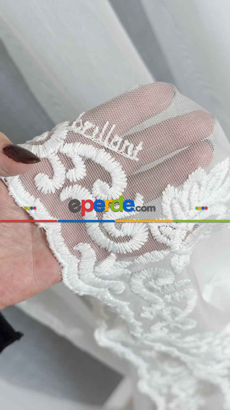 Şehrazat Beyaz Motif İşlemeli Ütü İstemez Salon Tül Perde