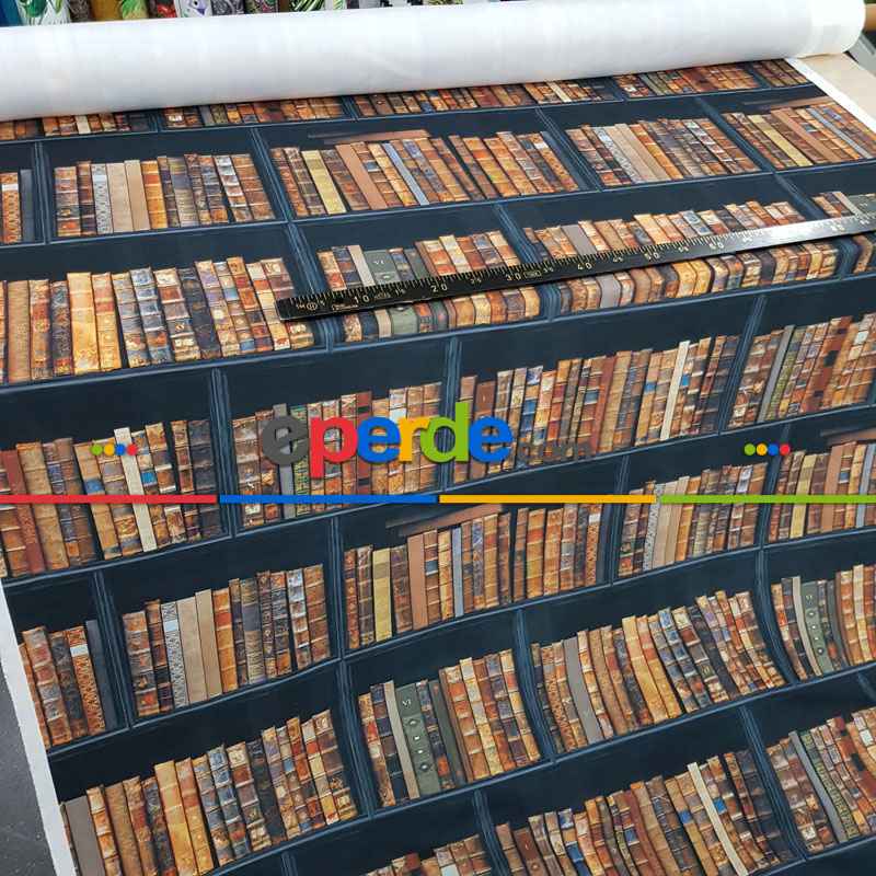 Genç Odası - Kitaplık Desenli Fon Perde Evm1077 Kumaşı Kalındır Duck Bezi Değildir- Kahverengi