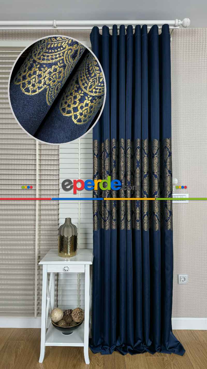 Lacivert Altın Fon Perde, Pano Damask Desenli