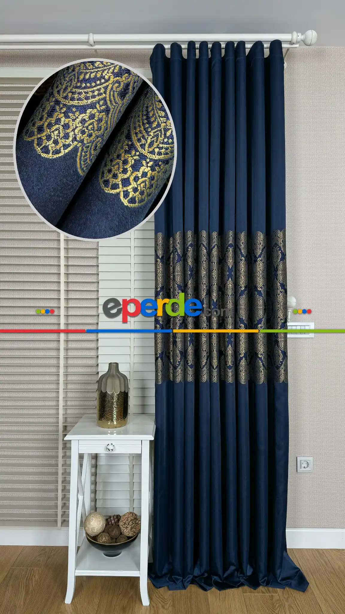 Lacivert Altın Fon Perde, Pano Damask Desenli