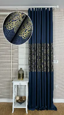 Lacivert Altın Fon Perde, Pano Damask Desenli
