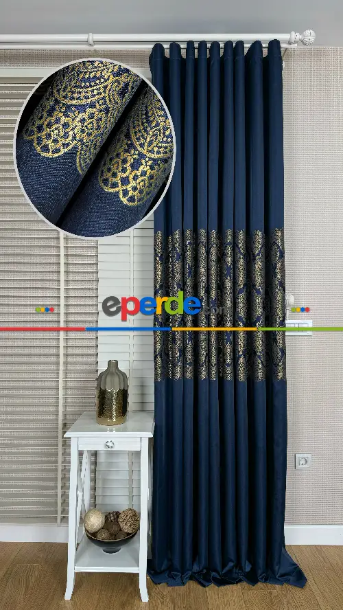 Lacivert Altın Fon Perde, Pano Damask Desenli