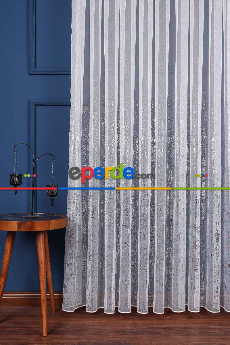 Salon Tül - Benekli Dijital Baskılı Tül Perde Ekru-gümüş