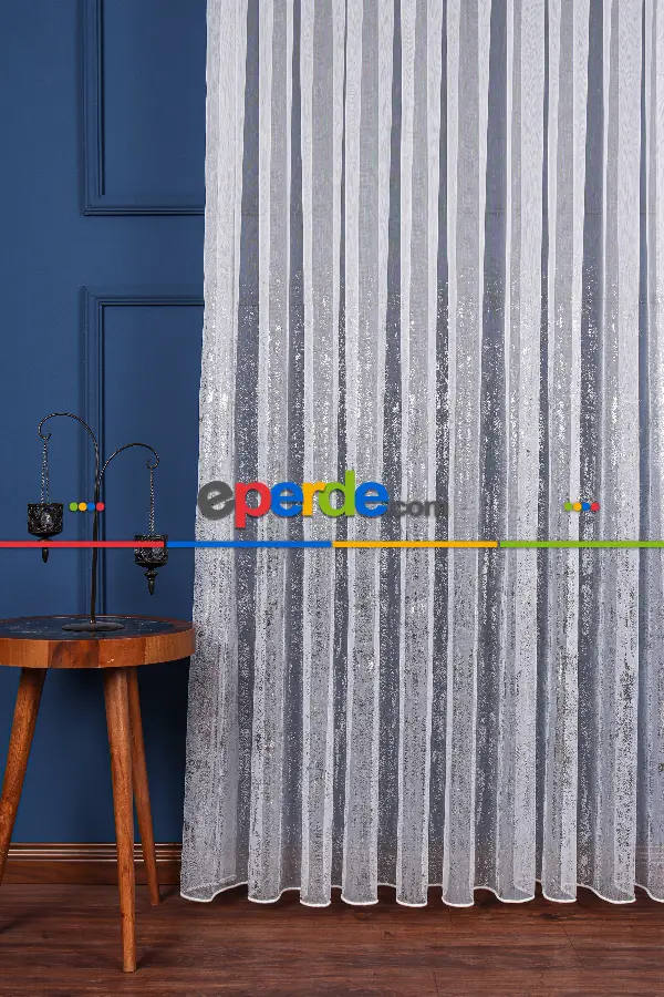 Salon Tül - Benekli Dijital Baskılı Tül Perde Ekru-gümüş