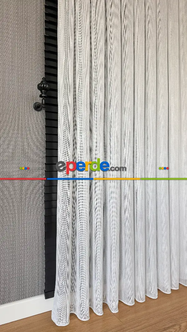 Salon - Beyaz Keten Gümüş Simli Tül Perde - Ağır Gramajlı Premium