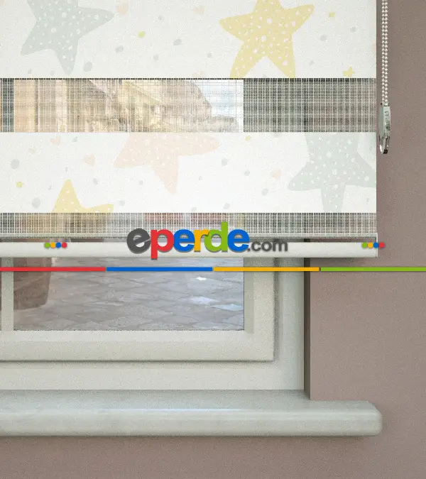 Yıldız Desenli Baskılı Zebra Perde- Çok Renkli