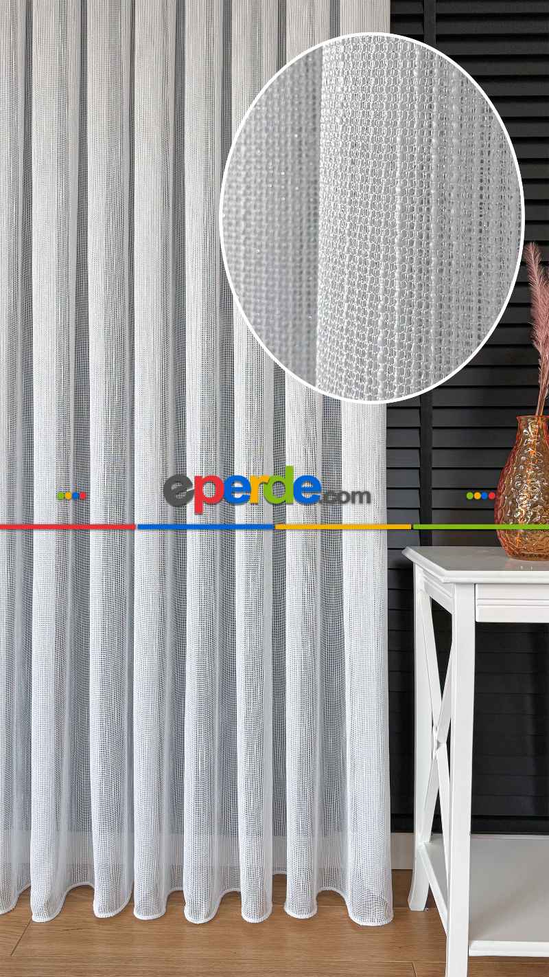 Mutfak Beyaz Keten Gümüş Simli Tül Perde - Ağır Gramajlı Premium
