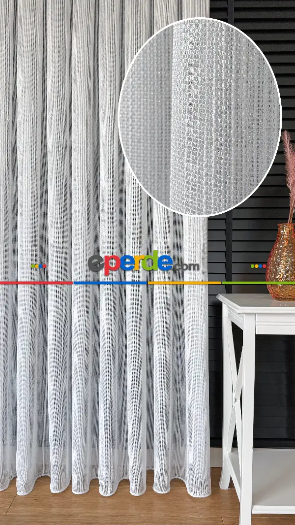 Salon - Beyaz Keten Gümüş Simli Tül Perde - Ağır Gramajlı Premium