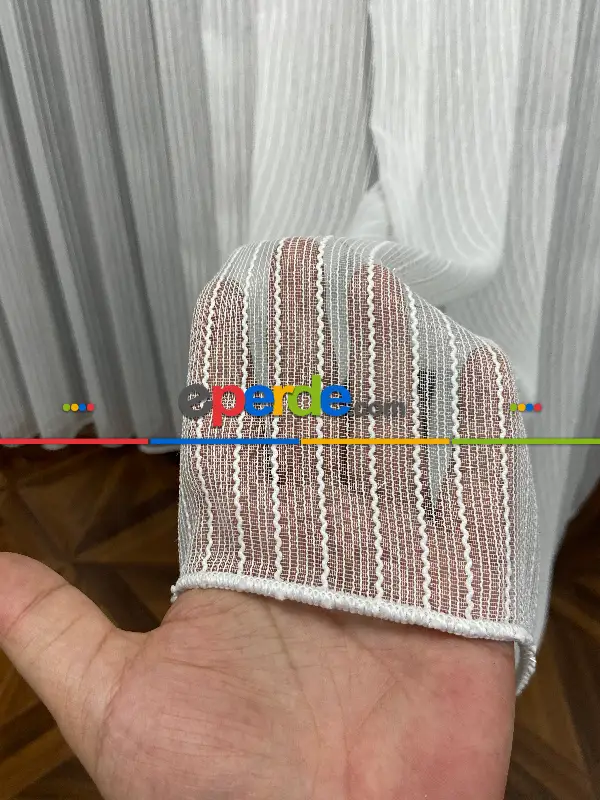 Panorama Keten Zemin Çizgili Tül- Ekru - Kurşunlu Tül